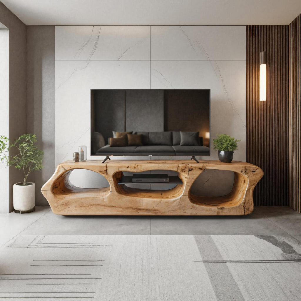 Modern Sculpted Solid Wood TV Stand, Organic Openings Media Console Cabinet, Artistic Entertainment Center