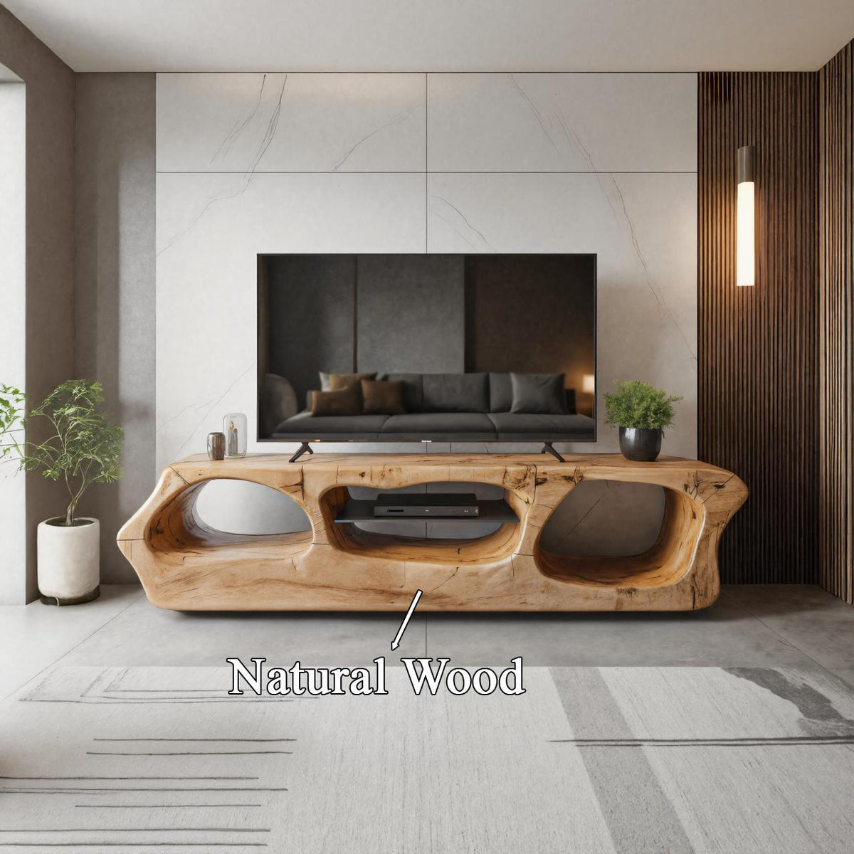 Modern Sculpted Solid Wood TV Stand, Organic Openings Media Console Cabinet, Artistic Entertainment Center