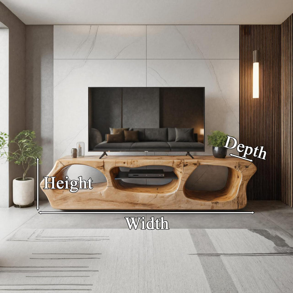 Modern Sculpted Solid Wood TV Stand, Organic Openings Media Console Cabinet, Artistic Entertainment Center