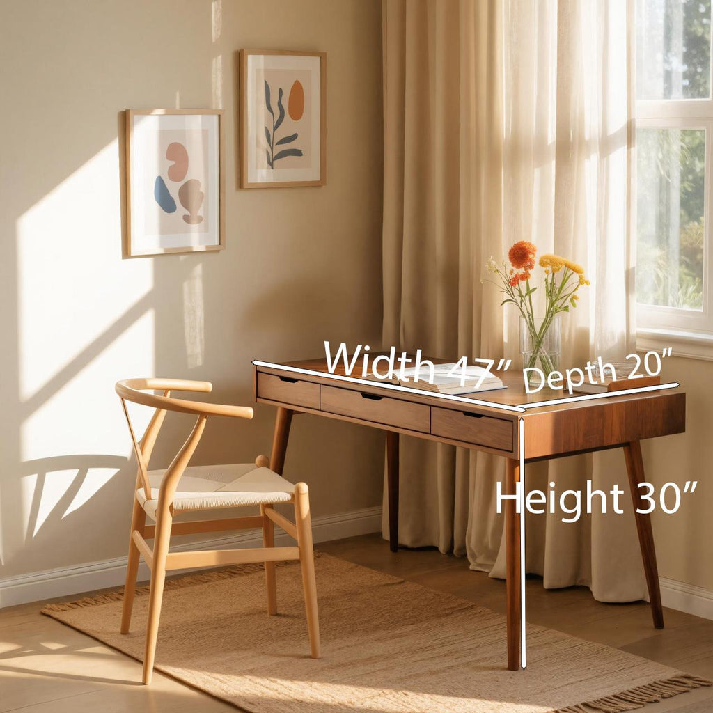 Mid-Century Modern Wood Desk with Drawers, Solid Wood Computer Study Table, Writing Desk for Home Office