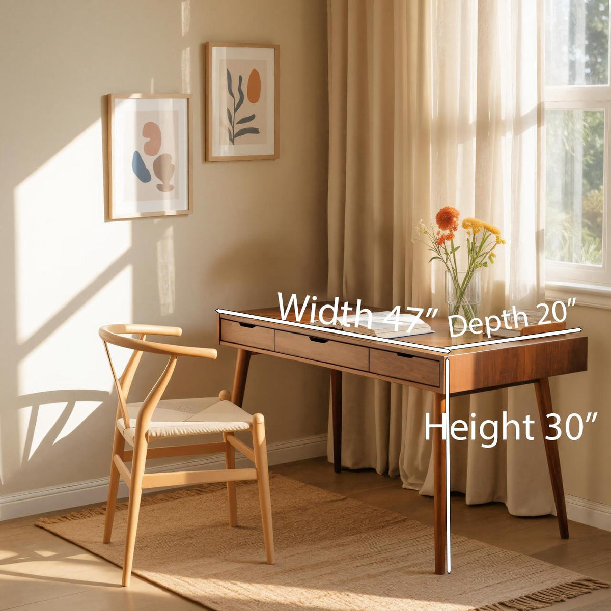 Mid-Century Modern Wood Desk with Drawers, Solid Wood Computer Study Table, Writing Desk for Home Office