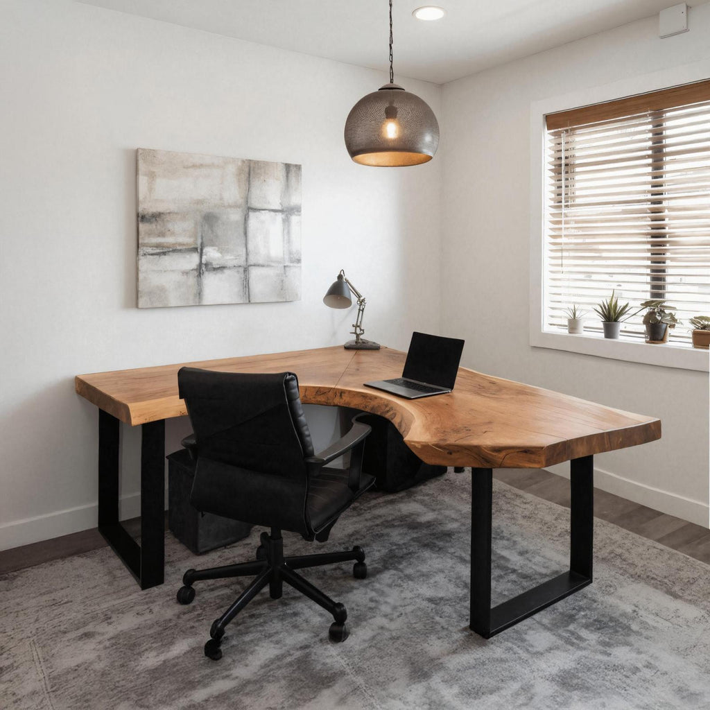 Modern Live Edge L-Shaped Corner Desk, Handcrafted Large Solid Wood Executive Office Desk Table for Home Workspace