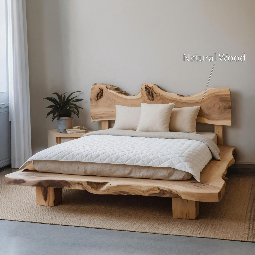 Solid Monkeypod Wood Bed Frame With Organic Headboard For Bedroom