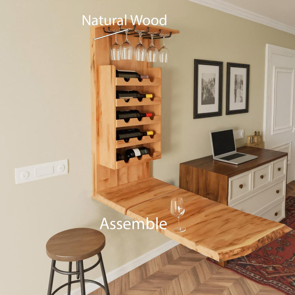 Wall Mounted Wine Rack With Folding Live Edge Table For Kitchen Or Bar
