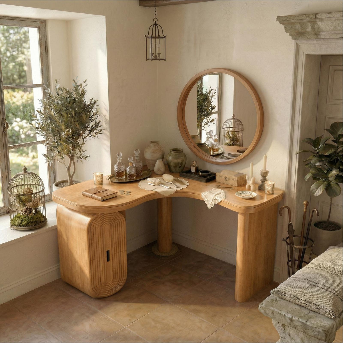 Spry Interior Organic Corner Dressing Table with Storage, Solid Wood Makeup Vanity Desk, Space-Saving Bedroom Vanity, SINLSABDT066