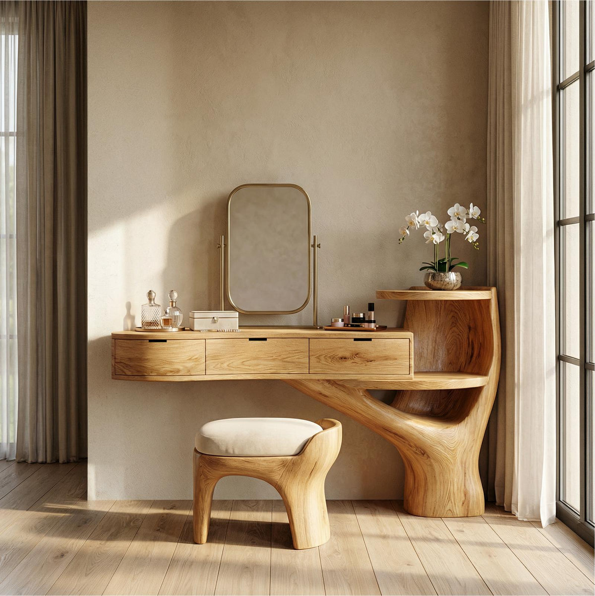 Spry Interior Organic Floating Dressing Table with Drawers, Solid Wood Tree Base Makeup Vanity Desk for Bedroom Decor, SINLSABDT069