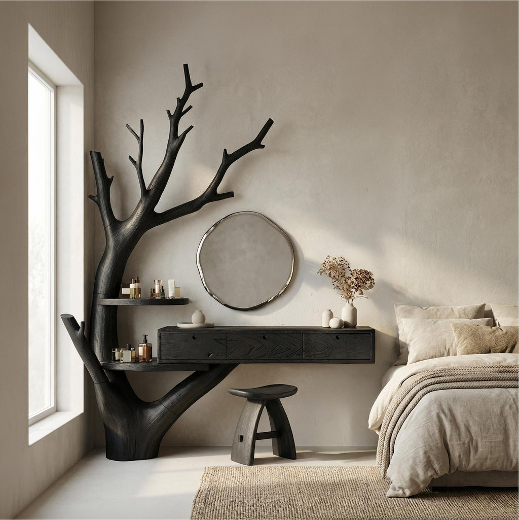 Spry Interior Minimalist Floating Dressing Table with Drawers, Solid Wood Tree Base Makeup Vanity Desk for Bedroom, SINLSABDT070