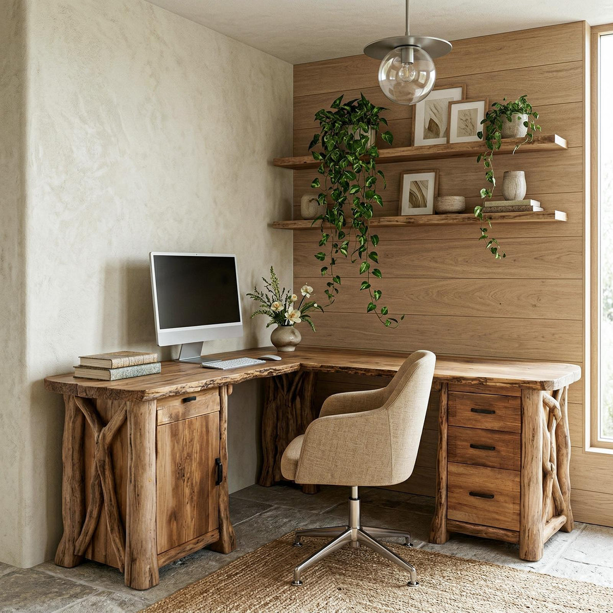 Modern Rustic L-Shape Office Desk with Storage, Solid Wood Corner Workstation, Study Writing Table