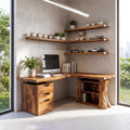 Organic Tree Branch Corner Desk with Integrated Floating Wall Shelf, Solid Wood Home Office Workstation