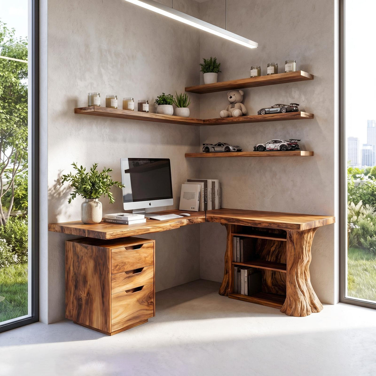 Organic Tree Branch Corner Desk with Integrated Floating Wall Shelf, Solid Wood Home Office Workstation
