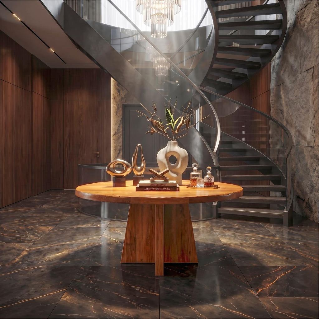 Modern Luxury Round Pedestal Table, Solid Wood Foyer Table, Architectural Entryway Accent Table for Lobby
