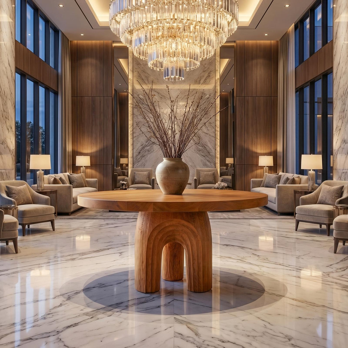 Modern Luxury Sculptural Round Foyer Table, Solid Wood Art Deco Pedestal Entry Table for Lobby, Hallway