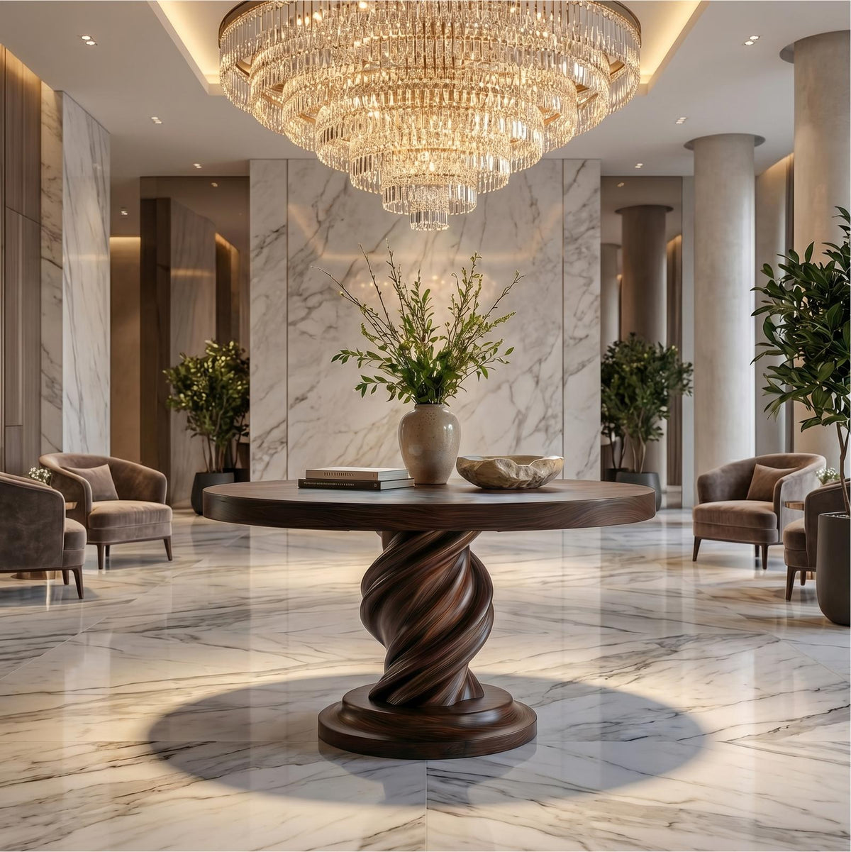 Modern Luxury Spiral Round Foyer Table, Solid Wood Twisted Pedestal Entryway Accent Table for Lobby