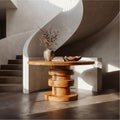 Modern Luxury Architectural Round Foyer Table, Solid Wood Sculptural Pedestal Entry Table for Lobby
