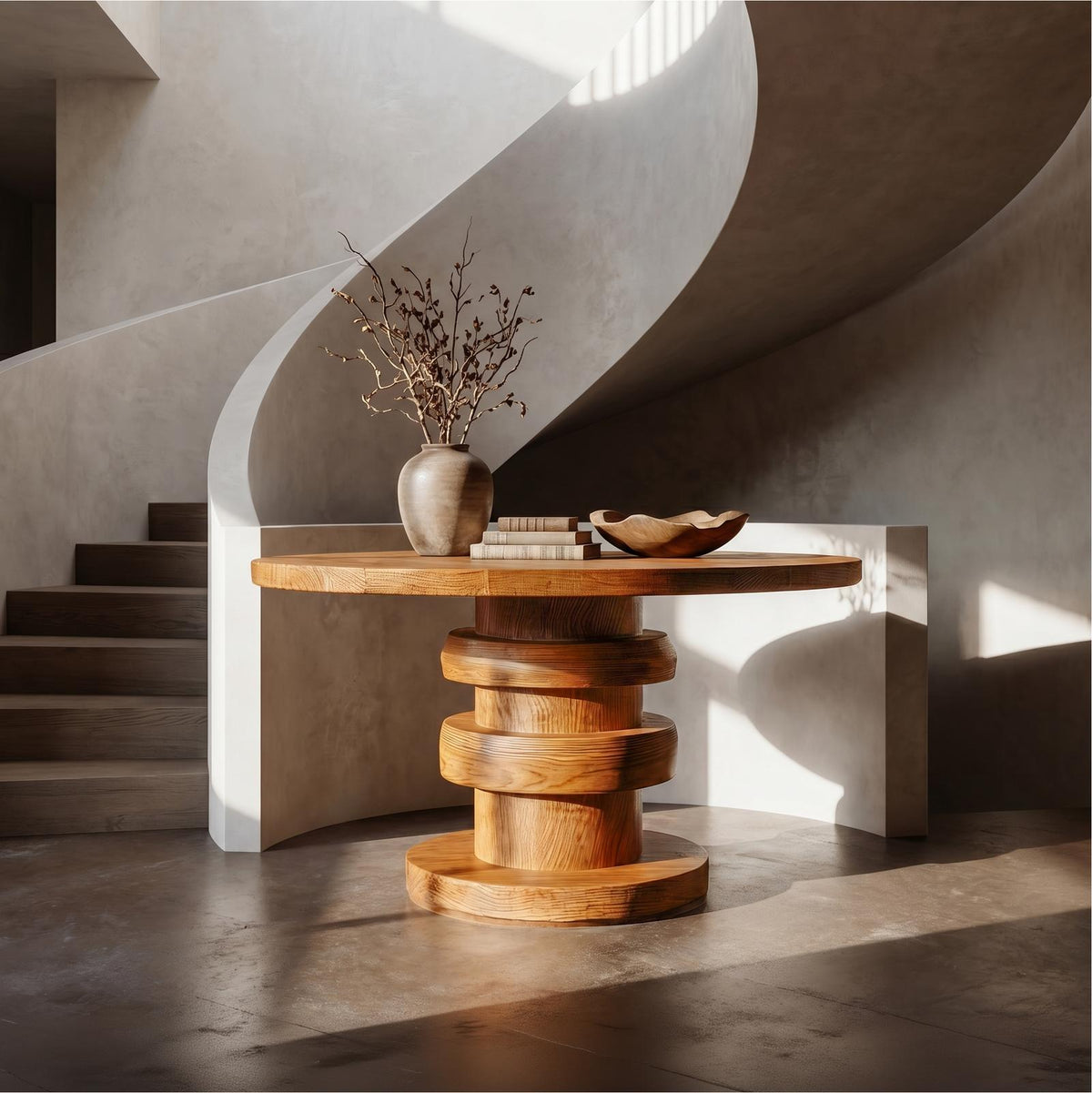 Modern Luxury Architectural Round Foyer Table, Solid Wood Sculptural Pedestal Entry Table for Lobby