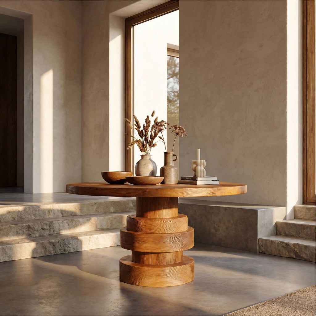 Modern Luxury Stacked Base Round Entryway Table, Solid Wood Architectural Foyer Pedestal Accent Table