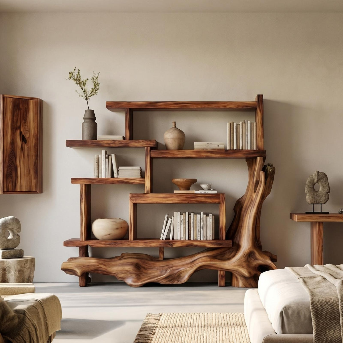 Organic Unique Wood Display Shelf For Living Room And Office