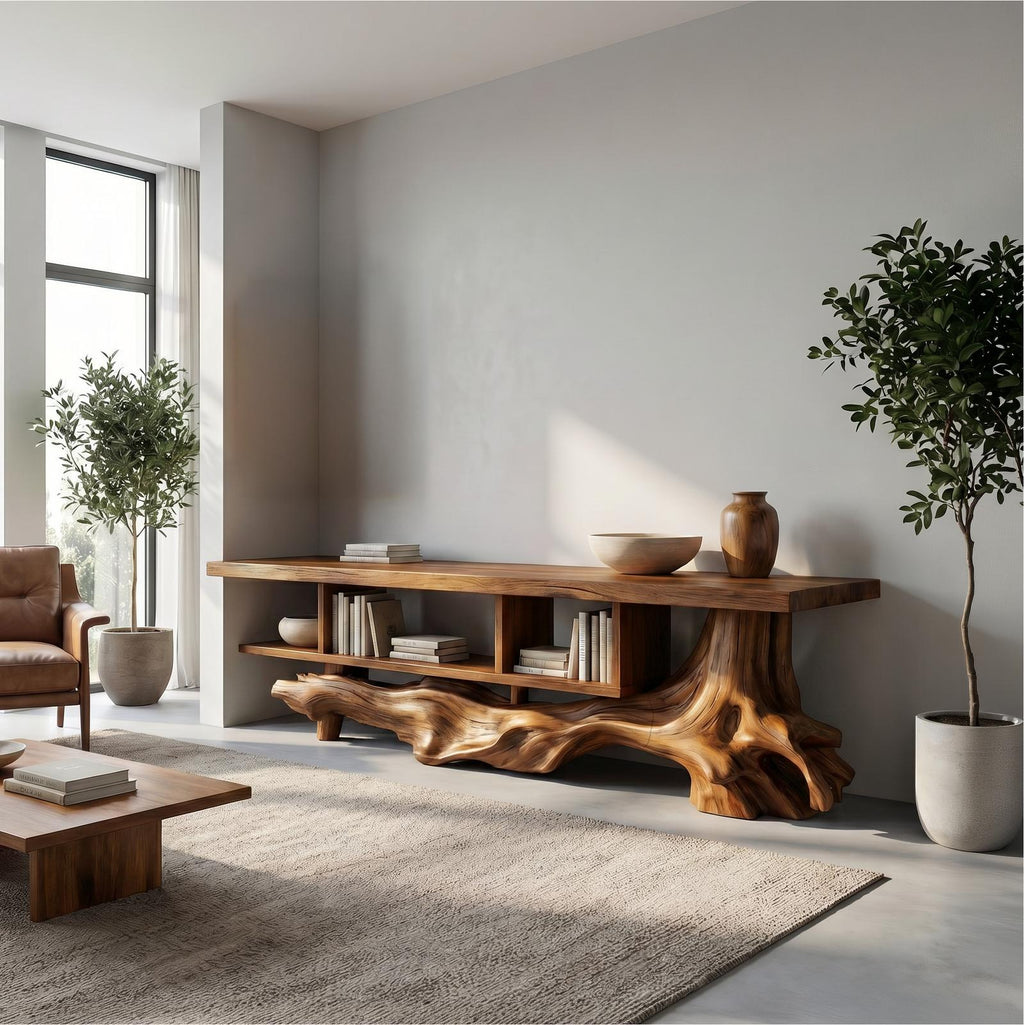 Rustic Solid Wood Display Shelf, Designer Open Bookcase & Multi-Tier Shelving Unit for Living Room, Hallway