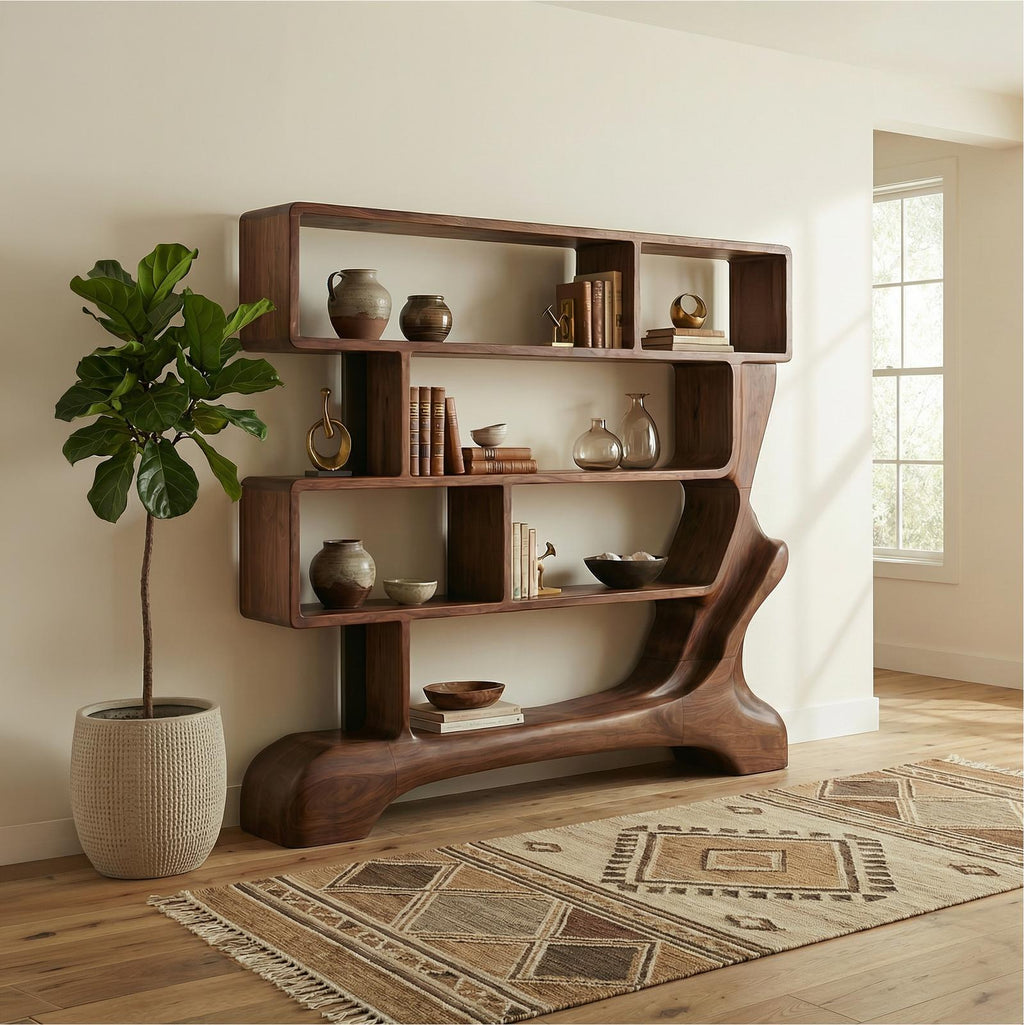 Organic Sculptural Bookshelf, Solid Wood Curved Tree Branch Bookcase, Decorative Display Shelf for Office