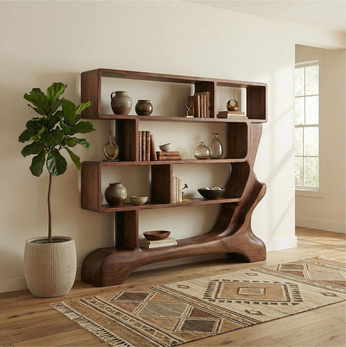 Organic Sculptural Bookshelf, Solid Wood Curved Tree Branch Bookcase, Decorative Display Shelf for Office
