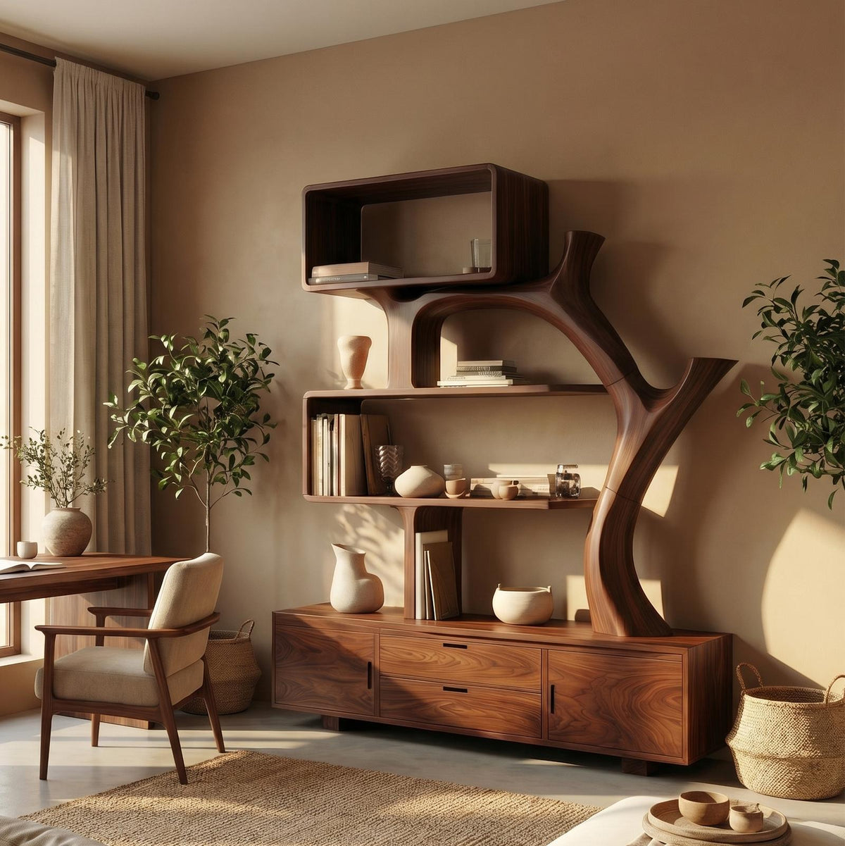 Sculptural Solid Wood Display Shelf with Storage, Modern Bookcase & Bookshelf Unit for Living Room Decor