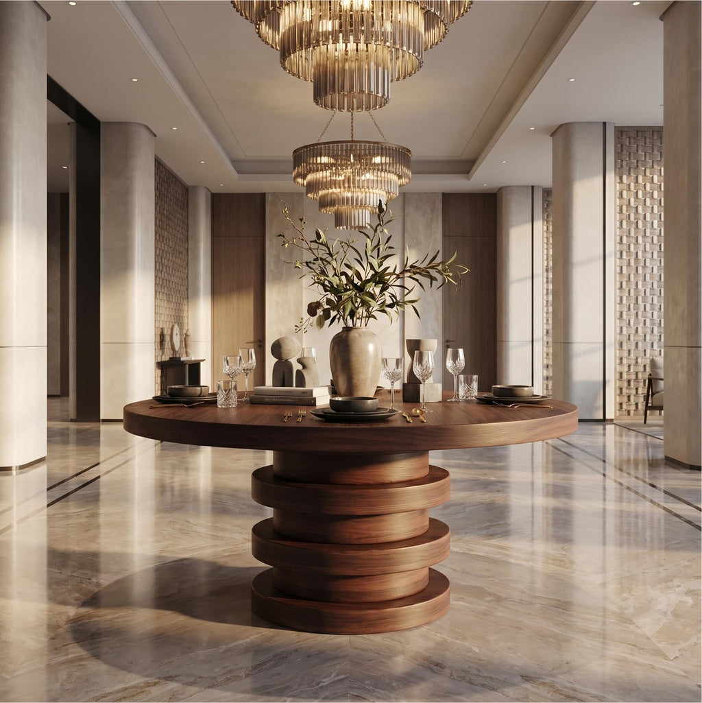 Modern Luxury Round Entryway Table, Solid Wood Architectural Pedestal Foyer Accent Table for Lobby, Hallway
