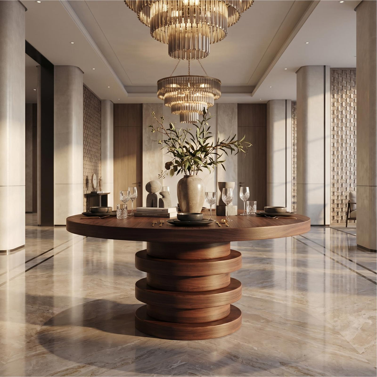 Modern Luxury Round Entryway Table, Solid Wood Architectural Pedestal Foyer Accent Table for Lobby, Hallway