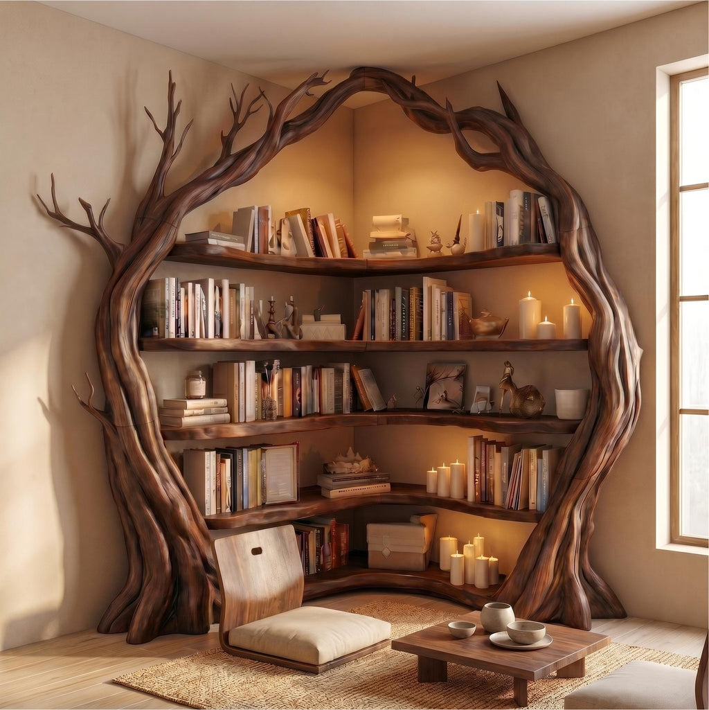Statement Tree Corner Bookshelf For Living Room And Reading Nook