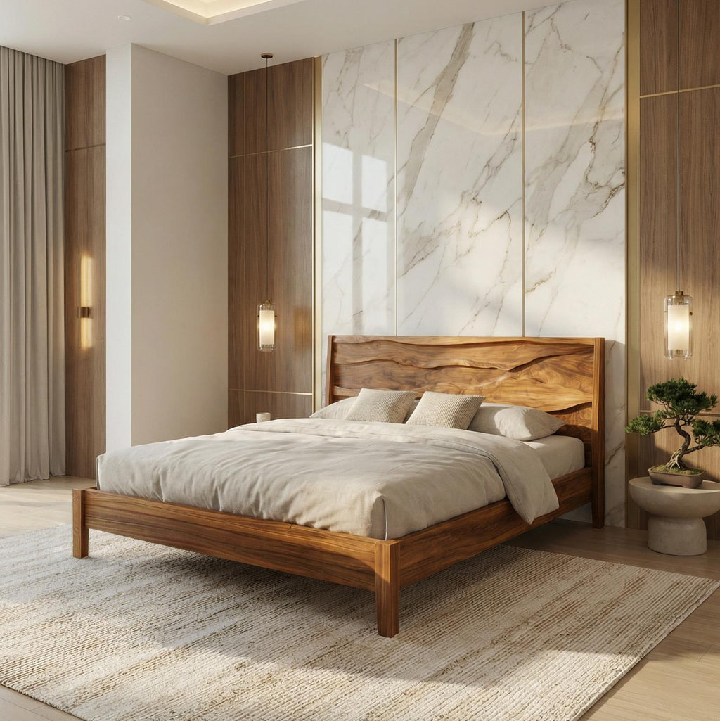 Rustic Natural Wood Bed Frame, Solid Wood Live Edge Platform Bed, Handcrafted Mid-Century Bedroom Furniture