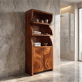 Rustic Organic Bathroom Cabinet, Hand Carved Wooden Doors & Open Shelves Storage Floor Cabinet