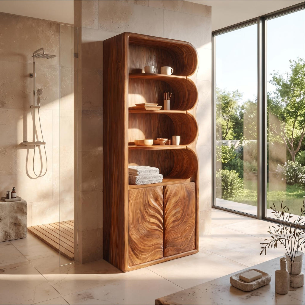 Modern Organic Bathroom Cabinet, Curved Shelves & Carved Wooden Doors Standing Storage Unit