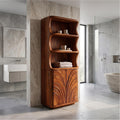 Organic Wood Bathroom Cabinet, Curved Open Shelves & Hand Carved Doors Storage Floor Cabinet
