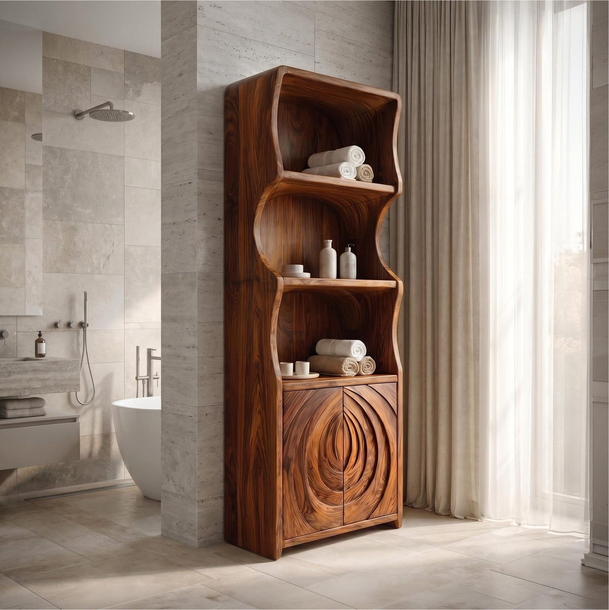 Contemporary Minimalist Bathroom Cabinet, Curved Shelves & Wooden Door Standing Storage Unit