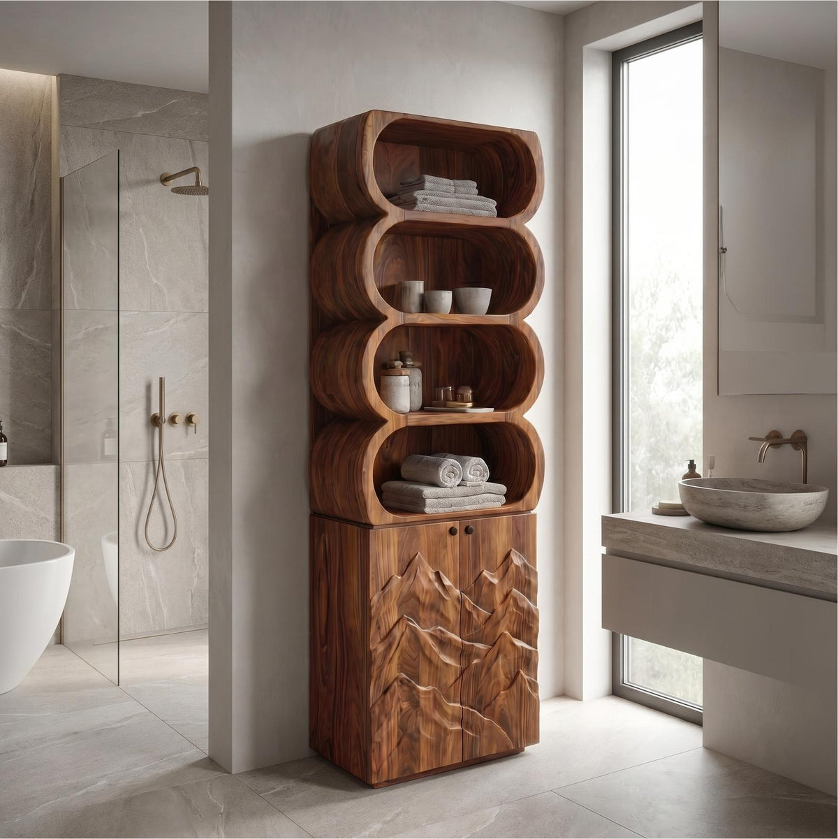 Minimalist Wood Bathroom Cabinet, Rounded Shelves & Sculptural Carved Door Storage Cabinet