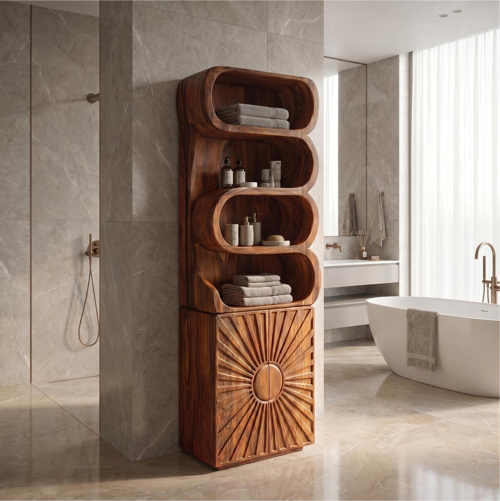 Organic Wood Bathroom Cabinet, Open Shelving & Sculptured Hand Carved Door Storage Cabinet