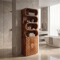 Organic Wood Bathroom Cabinet, Open Shelving & Sculptured Hand Carved Door Storage Cabinet