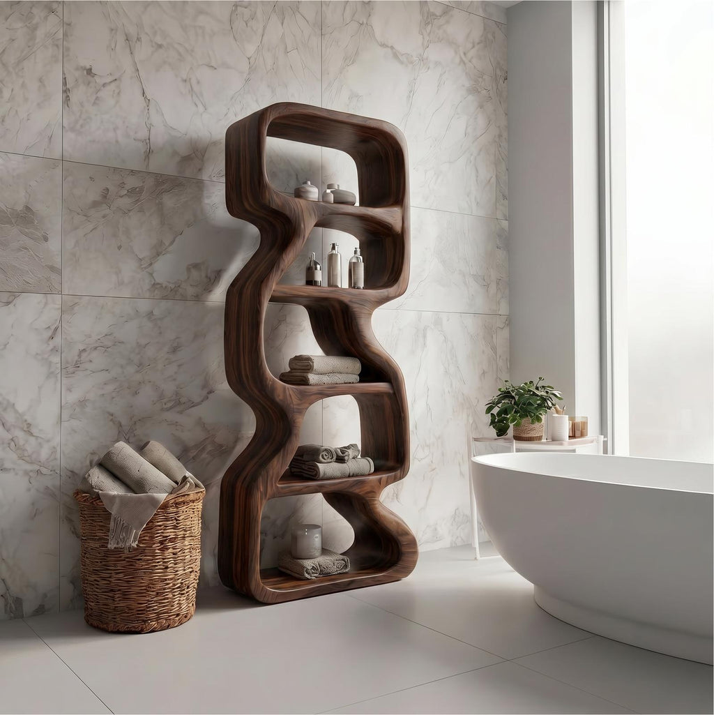 Wooden Bathroom Storage Cabinet, Handcrafted Standing Floor Organizer with Open Shelves