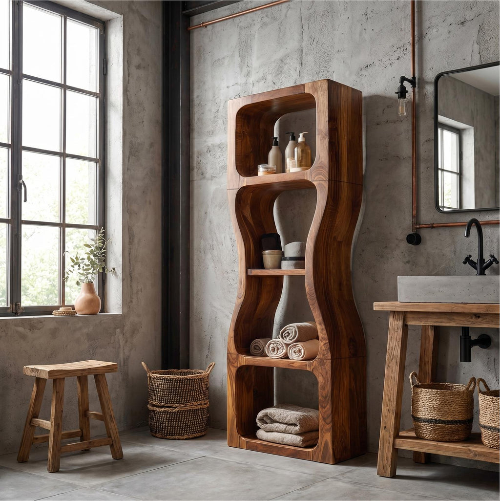 Rustic Modern Bathroom Cabinet, Sculptural Wave Design Wood Storage Cabinet with Open Shelves