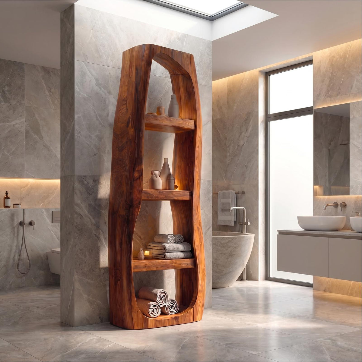 Minimalist Wood Bathroom Cabinet, Curved Arched Floor Storage Cabinet with Shelves & Door