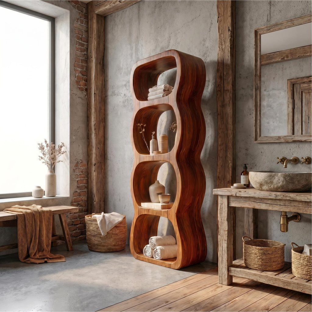 Rustic Bathroom Cabinet With Curved Wave Shape Design