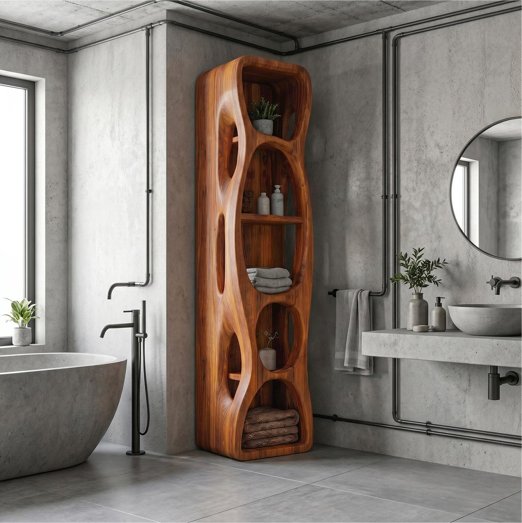 Sculptural Wood Bathroom Cabinet, Hollow Cut Out Design Vanity Storage Unit with Open Shelving