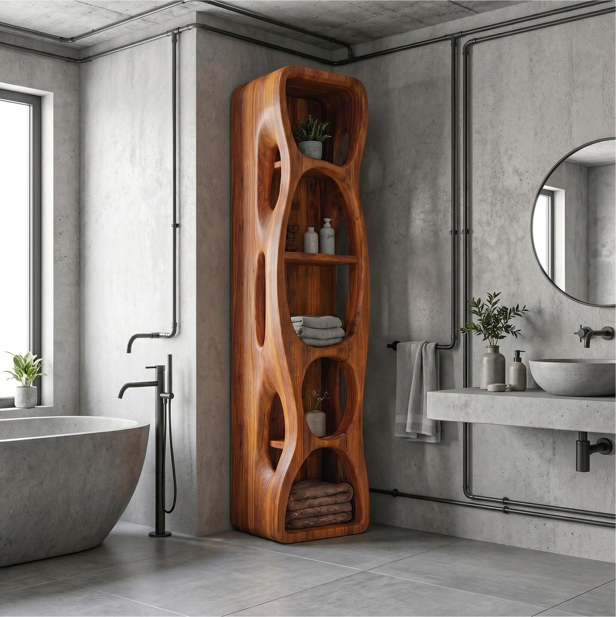 Sculptural Wood Bathroom Cabinet, Hollow Cut Out Design Vanity Storage Unit with Open Shelving