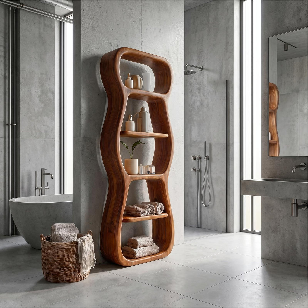 Contemporary Bathroom Storage Cabinet, Sculptural Wood Shape Floor Standing Cabinet with Shelves
