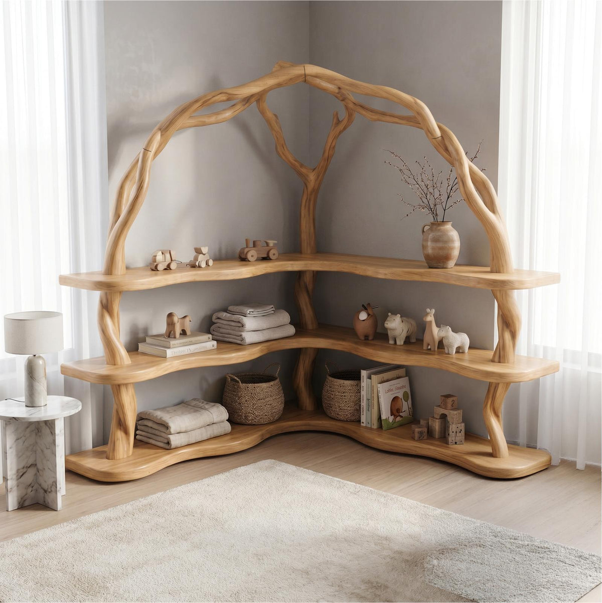 Organic Corner Bookcase with Natural Tree Branch Frame, Solid Wood Bookshelf for Living Room & Bedroom