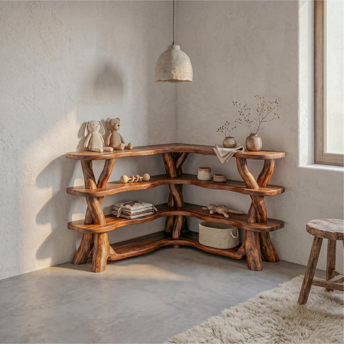 Spry Interior Rustic Organic Corner Bookshelf, Unique Tree Branch Wooden Bookcase for Living Room and Bedroom, SINLSABS017