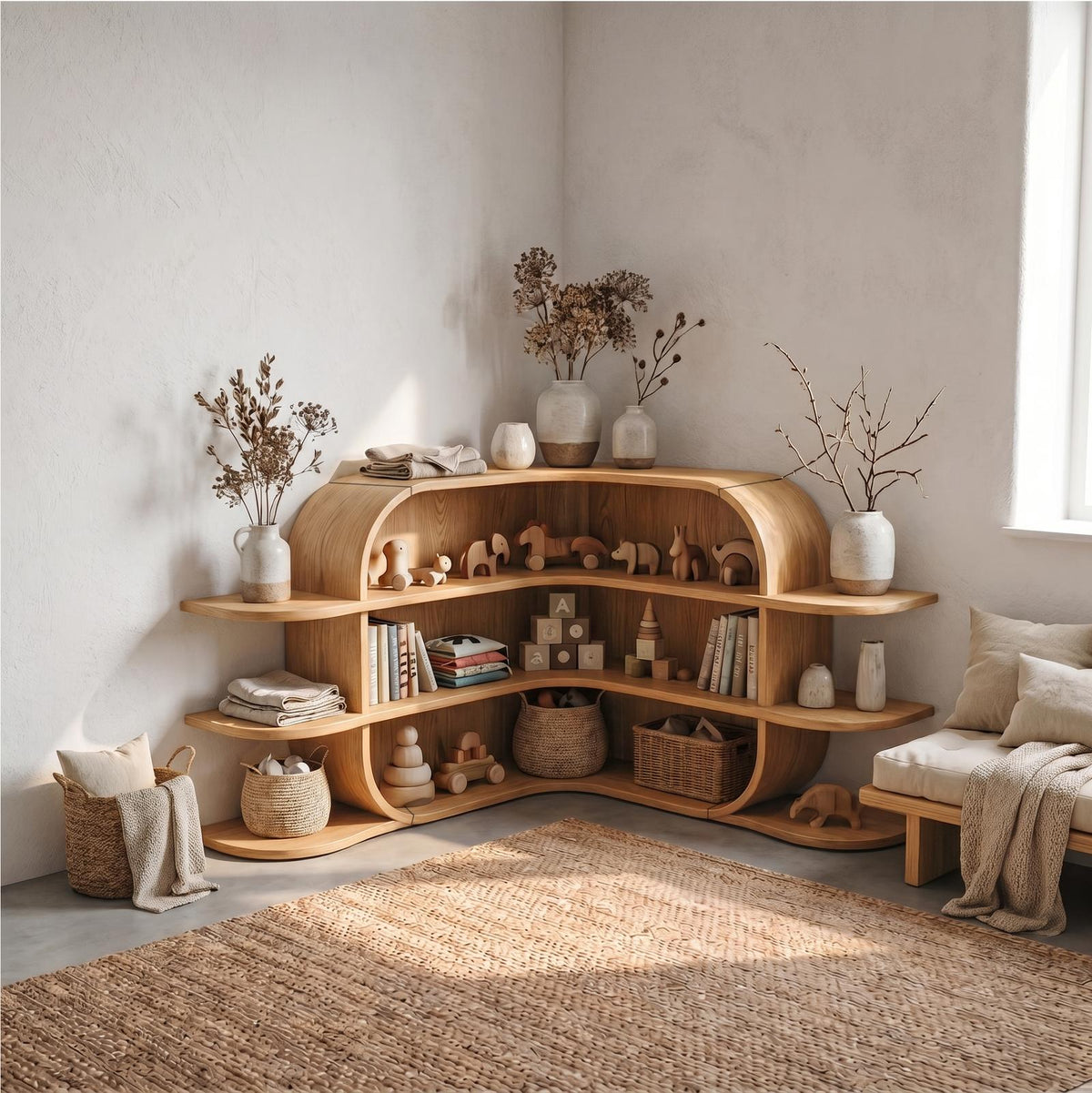 Scandinavian Arched Corner Bookshelf, Multi-Tier Wooden Bookcase Display for Living Room & Bedroom