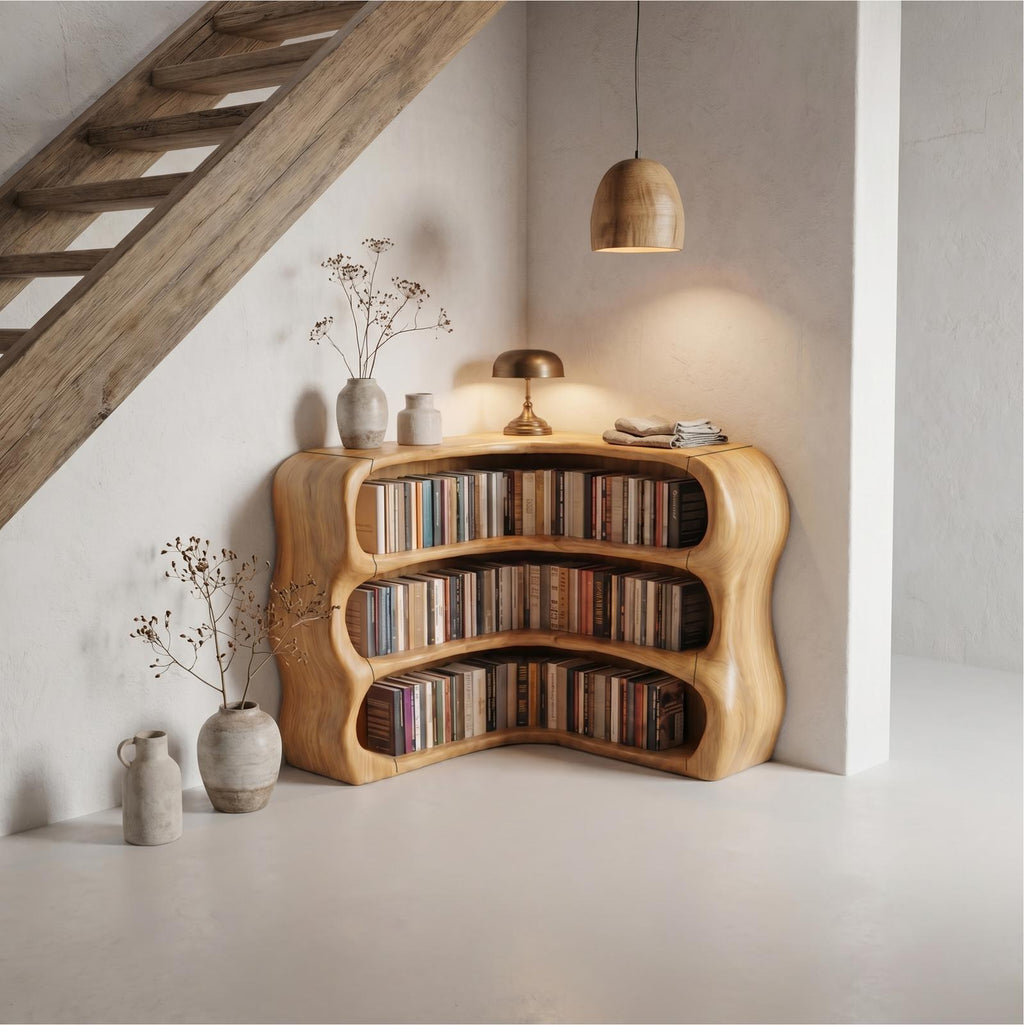 Modern Curved Bookshelf, Sculptural Wooden Open Shelf Bookcase Display for Living Room & Bedroom