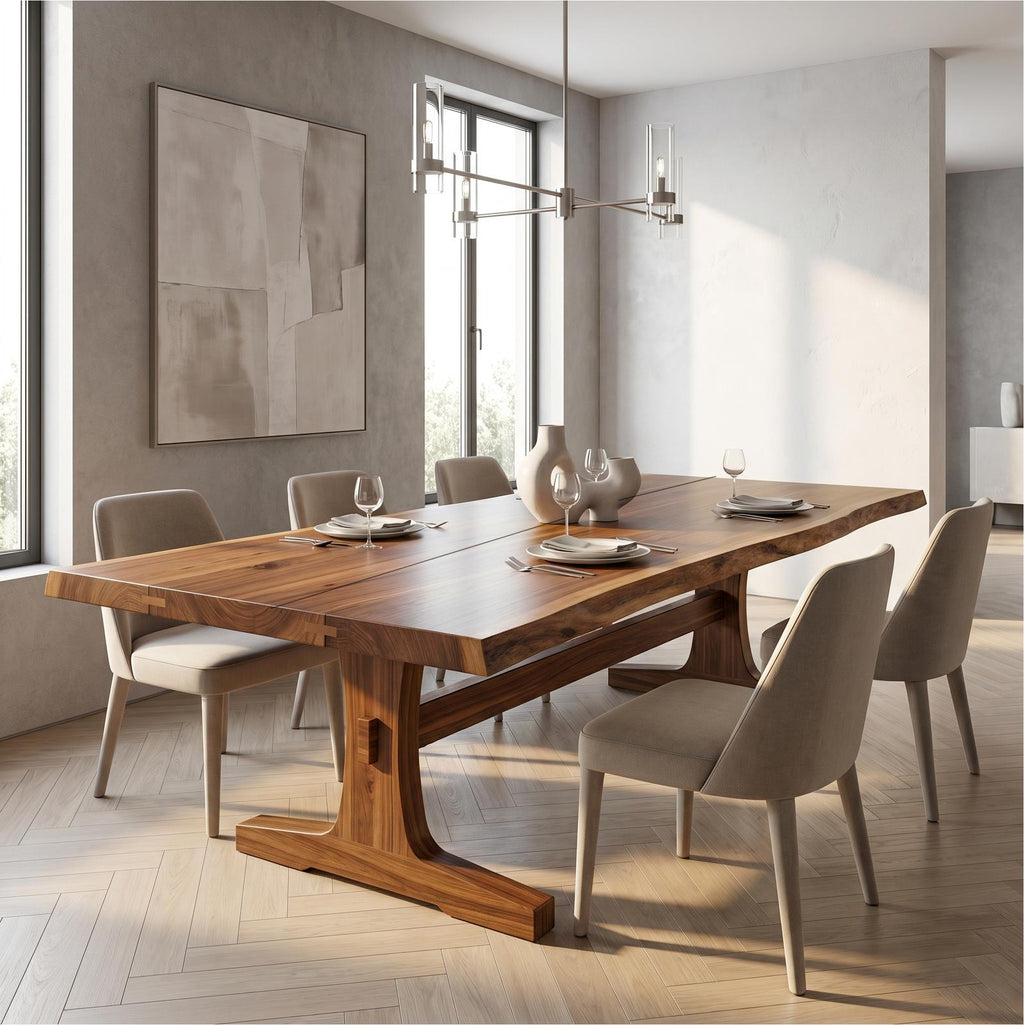 Organic Live Edge Dining Table with Waterfall Wood Base, Rustic Solid Wood Kitchen Table for Dining Room