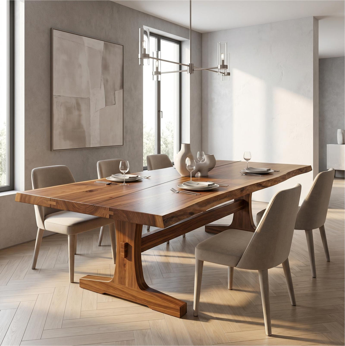Organic Live Edge Dining Table with Waterfall Wood Base, Rustic Solid Wood Kitchen Table for Dining Room