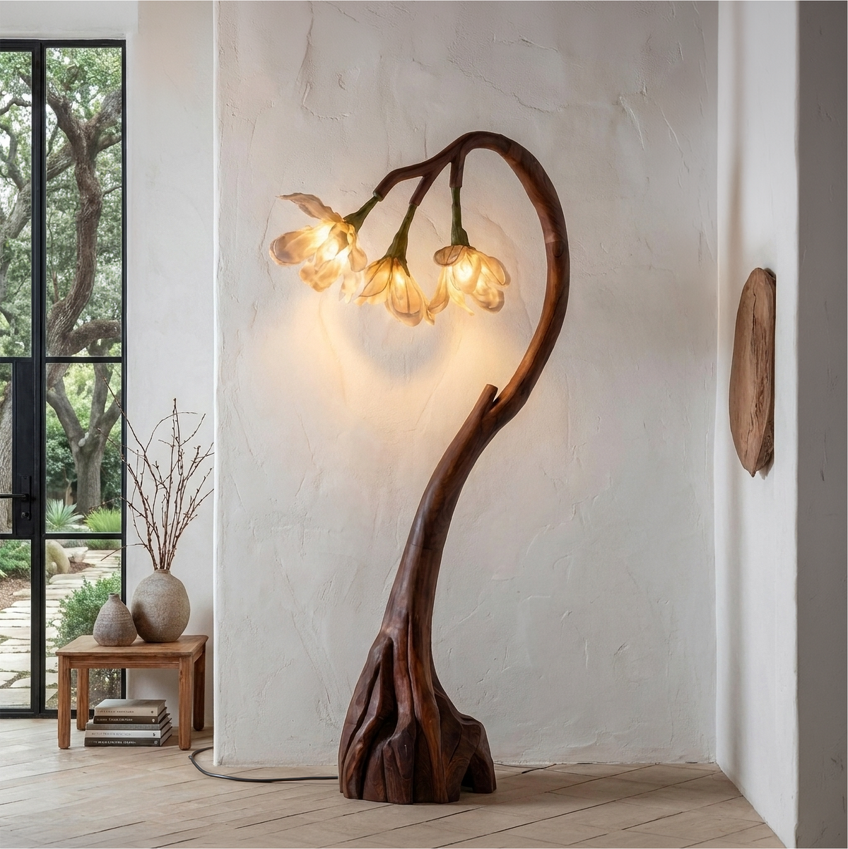 Floral Floor Lamp with Organic Wood Base, Handcrafted Flower Shape Tall Standing Reading Light for Cozy Living Room